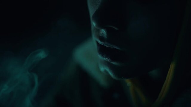 A young guy smokes a cigarette in a dark atmosphere. A cold blue light falls on his face, and the cigarette smoulders with a bright red light. Blows smoke