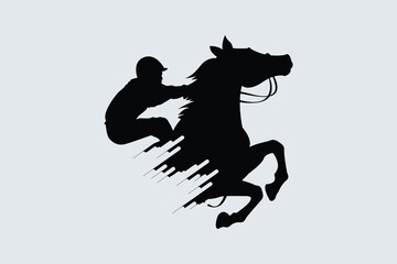 Vector illustration of race horse with jockey. Black isolated silhouette on white background. Equestrian competition logo. vector image.