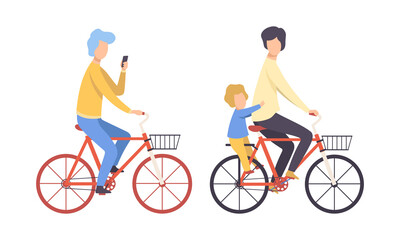 Young Man with Little Kid Riding Bicycle Vector Set