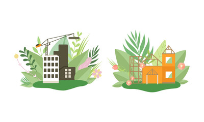Green City and Eco House Building Among Fresh Flora and Foliage Vector Set