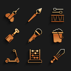 Set Microphone, Abacus, Sword toy, Sand in bucket, Roller scooter, Shovel, Drum with drum sticks and Dart arrow icon. Vector