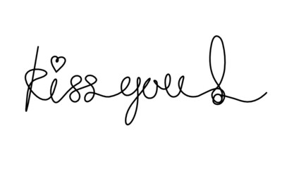 Calligraphic inscription of word "kiss you" as continuous line drawing on white  background. Vector