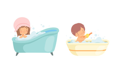 Little Girl and Boy in Bathtub with Foam Splashing and Bathing Vector Set
