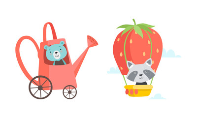 Cute Bear in Watering Can Carriage and Raccoon Flying in Hot Air Balloon Basket Vector Set
