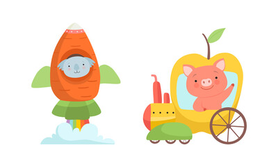Cute Koala Launching in Carrot Rocket and Pig in Apple Train Vector Set
