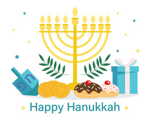 Hanukkah greeting card. Jewish holiday. Menorah, Star of David, gift box, money, donuts. Vector illustration in flat style