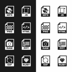 Set HTML file document, PNG, MP3, JS, RAW and PPT icon. Vector