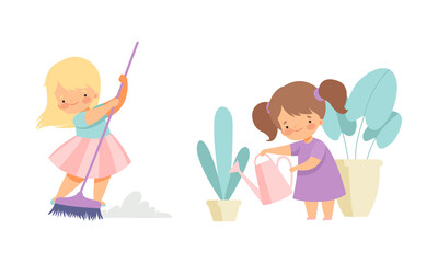 Cute Girl Doing Housework and Housekeeping Sweeping the Floor with Broom and Watering Houseplant Vector Set
