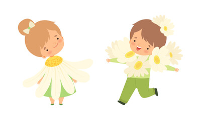 Cute Little Kids Wearing Flower Costume Vector Set