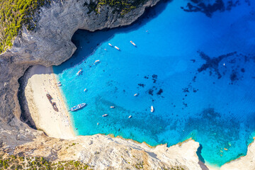Aerial drone view of the famous Shipwreck Navagio Beach on Zakynthos island, Greece. Greece iconic vacation picture.