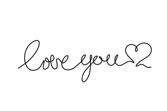 Calligraphic inscription of word "love you" with hearts as continuous line drawing on white  background