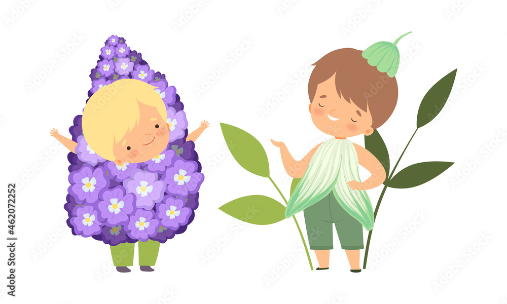 Poster cute little kids wearing flower costume vector set