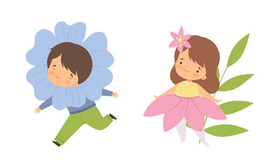 Cute Little Kids Wearing Flower Costume Vector Set