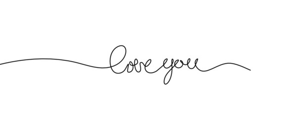 Calligraphic inscription of word "love you" with hearts as continuous line drawing on white  background. Vector