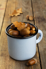 Acorns in a blue mug on wooden background. Concept of a healthy no caffeine beverage
