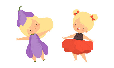 Cute Little Kids Wearing Flower Costume Vector Set