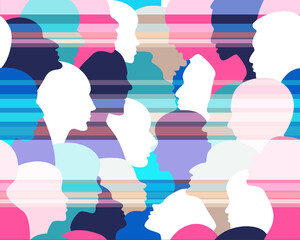 People profile heads. Seamless pattern of a crowd of many different people profile heads. Vector background.
