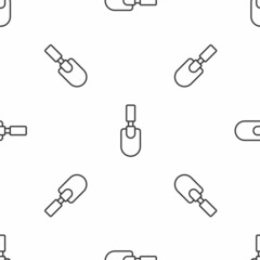 Grey line Garden trowel spade or shovel icon isolated seamless pattern on white background. Gardening tool. Tool for horticulture, agriculture, farming. Vector