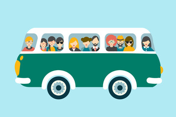 Retro bus with passengers. Flat vector concept. © kubko