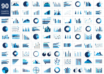 Mega set of charst, graphs. Blue color. Infographics business elements. - 462072473