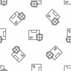 Grey line Delivery security with shield icon isolated seamless pattern on white background. Delivery insurance. Insured cardboard boxes beyond the shield. Vector.