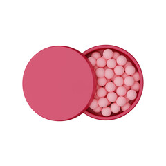 3D jar of pink ball blusher isolated on white background. 3D pink ball of cheek blush isolated on white.