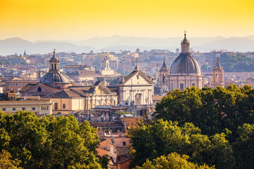 Cityscape view of historic center of Rome, Italy from the Gianicolo hill during summer sunny day.