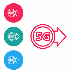 Red line 5G new wireless internet wifi connection icon isolated on white background. Global network high speed connection data rate technology. Set icons in circle buttons. Vector