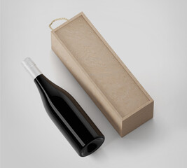 Wine Bottle Mockup with wood box, Red wine with white wrapper, 3d rendered isolated on light gray background