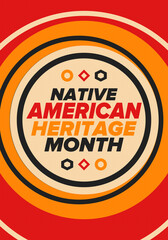 Native American Heritage Month in November. American Indian culture. Celebrate annual in United States. Tradition pattern. Poster, card, banner and background. Vector ornament, illustration