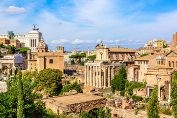 Panoramic cityscape view of the Roman Forum and Roman Altar of the Fatherland in Rome, Italy. World...