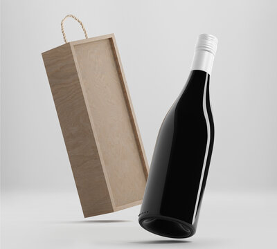 Wine Bottle Mockup with wood box, Red wine with white wrapper, 3d rendered isolated on light gray background