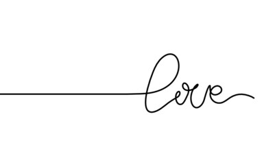 Calligraphic inscription of word "love" and hearts as continuous line drawing on white  background. Vector