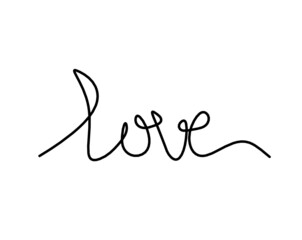 Calligraphic inscription of word "love" and hearts as continuous line drawing on white  background. Vector