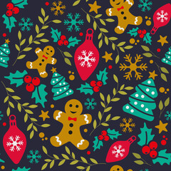 Christmas and Happy New Year seamless pattern with Christmas tree and cookies. Trendy retro style. Vector design template. Wrapping paper design.