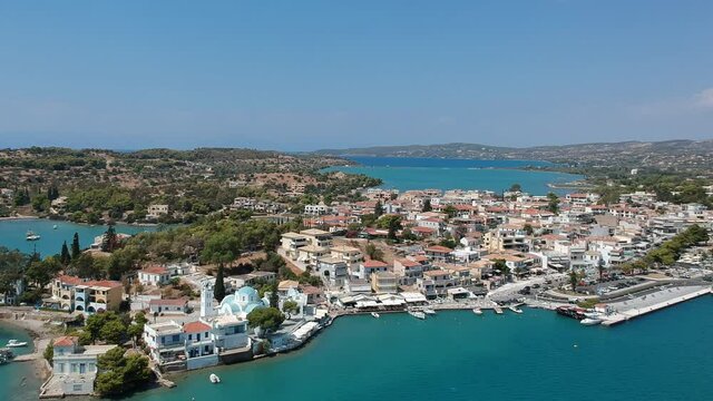 Aerial view over Porto Cheli, a summer resort town in the municipality of Ermionida in the southeastern part of Argolis, Greece