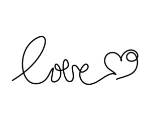 Calligraphic inscription of word "love" and hearts as continuous line drawing on white  background. Vector