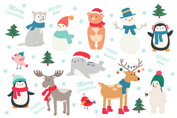 Christmas new year cute cartoon animals - penguin, bear, deer, moose, wolf, dog, bird, seal, snowman. Winter holiday. Northern and forest animals in scarves and hats. Stock vector illustration.
