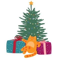 christmas new year cute cartoon cat with gifts. hand drawn animal. winter December holiday. stock vector illustration isolated on white background.