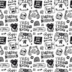 Black and white vector pattern with  joystick, headphones and  lettering. Background with hand-written phrases, a skull and a heart for a print on a T-shirt.