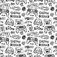 Game seamless pattern with joysticks, headphones, hand drawn text. Abstract background with lettering, skull for textiles, playroom, cover, flyer.