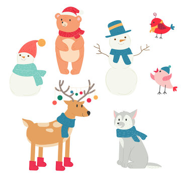 Christmas animal. New year cute cartoon animals - bear, deer, moose, wolf, dog, bird, snowman. Winter holiday. Forest caracters in scarves and hats. Stock vector illustration.
