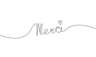 Calligraphic inscription of word "merci" as continuous line drawing on white  background. Vector