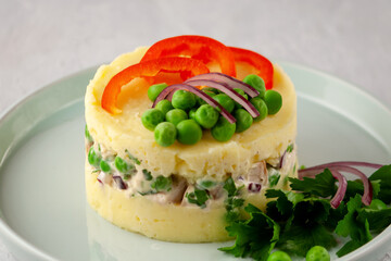 Causa stuffed with chicken. A traditional Peruvian dish.