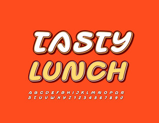 Vector bright Sign Tasty Lunch for Cafe, Menu, Restaurant. Modern Handwritten Font. Artistic Alphabet Letters and Numbers set