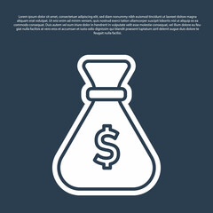 Blue line Money bag icon isolated on blue background. Dollar or USD symbol. Cash Banking currency sign. Vector