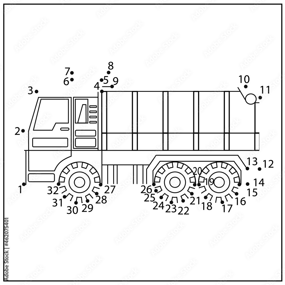 Wall mural kids game. dot to dot drawing a truck. connect drawing cartoon construction vehicle. activity colori