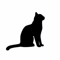 Black silhouette of a sitting cat. Vector illustration template for print design. Isolated sitting pet.