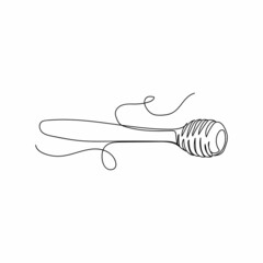 Continuous one line drawing of honey dripping from a honey spoon in silhouette on a white background. Linear stylized.