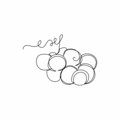 Continuous one line drawing of bunch grapes organic food in silhouette on a white background. Linear stylized.